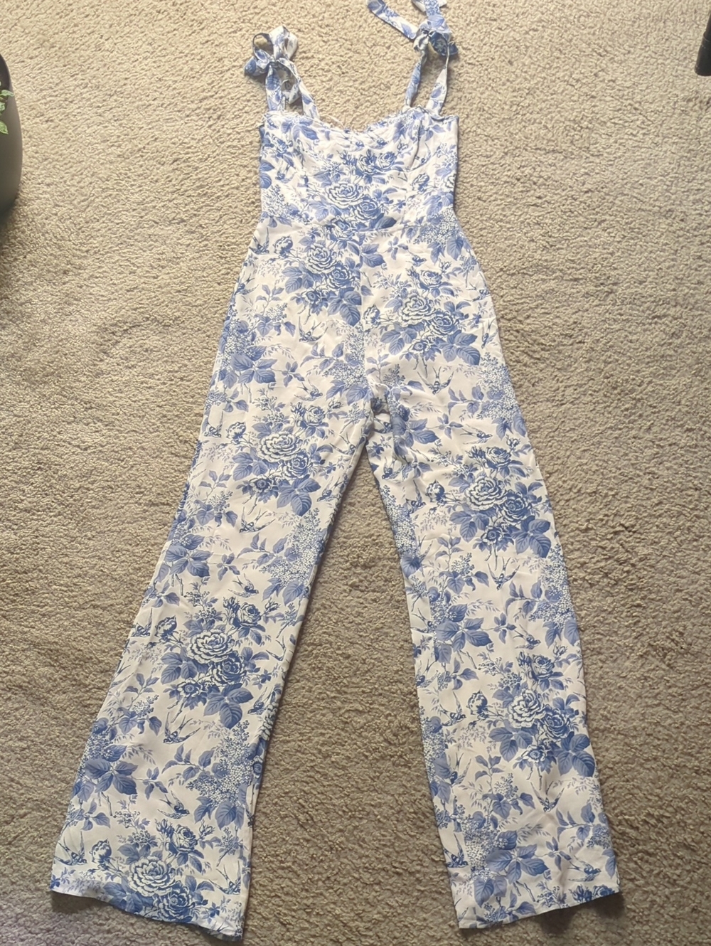 Reformation Blue Floral Tie-Shoulder Jumpsuit